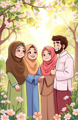 A vibrant and heartwarming cartoon scene depicting Islamic women and men coming together with smiles and hope, symbolizing the theme "When Faith Meets Love"