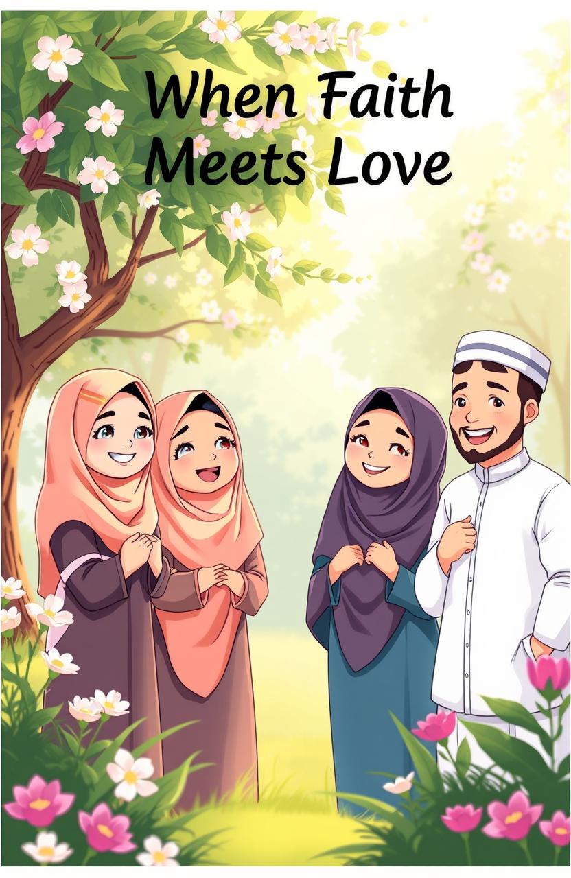 A vibrant and heartwarming cartoon scene depicting Islamic women and men coming together with smiles and hope, symbolizing the theme "When Faith Meets Love"