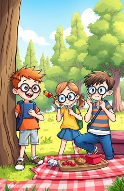 A whimsical illustration of three friends, two boys and one girl, aged around ten, engaged in a playful spy adventure