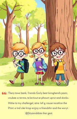 A whimsical illustration of three friends, two boys and one girl, aged around ten, engaged in a playful spy adventure