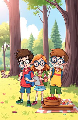 A whimsical illustration of three friends, two boys and one girl, aged around ten, engaged in a playful spy adventure
