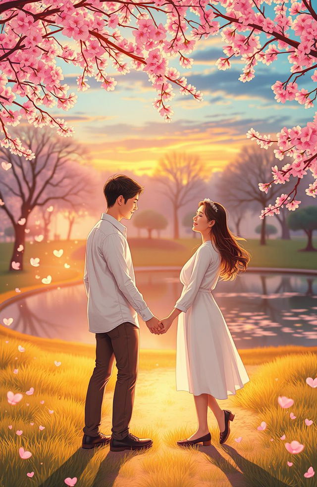 The concept of faith meeting love illustrated through a heartwarming scene: a serene park at sunset, with soft, golden light illuminating a couple holding hands, their eyes locked in a deep gaze, symbolizing trust and affection