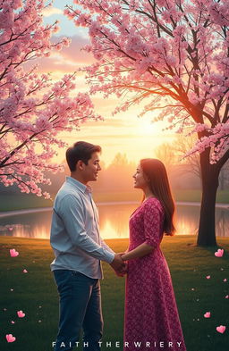 The concept of faith meeting love illustrated through a heartwarming scene: a serene park at sunset, with soft, golden light illuminating a couple holding hands, their eyes locked in a deep gaze, symbolizing trust and affection