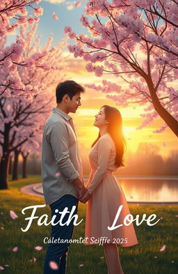The concept of faith meeting love illustrated through a heartwarming scene: a serene park at sunset, with soft, golden light illuminating a couple holding hands, their eyes locked in a deep gaze, symbolizing trust and affection