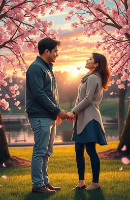 The concept of faith meeting love illustrated through a heartwarming scene: a serene park at sunset, with soft, golden light illuminating a couple holding hands, their eyes locked in a deep gaze, symbolizing trust and affection