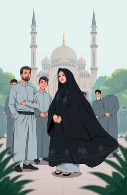 An illustrative scene depicting an Islamic cultural setting featuring a group of men and one woman dressed in traditional Islamic attire