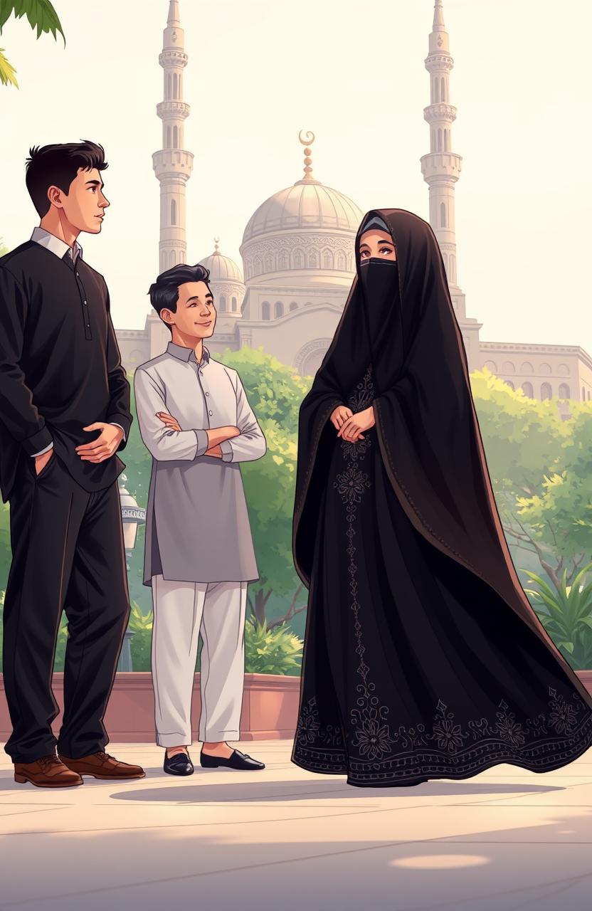 An illustrative scene depicting an Islamic cultural setting featuring a group of men and one woman dressed in traditional Islamic attire