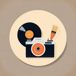 An attractive icon featuring a paintbrush, a vinyl record and a vintage camera in a stylish and balanced composition.