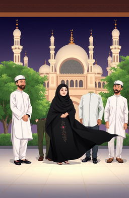 An illustrative scene depicting an Islamic cultural setting featuring a group of men and one woman dressed in traditional Islamic attire