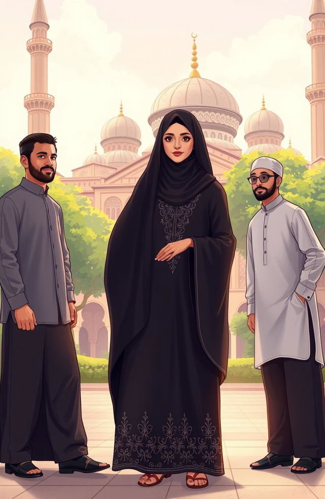 An illustrative scene depicting an Islamic cultural setting featuring a group of men and one woman dressed in traditional Islamic attire