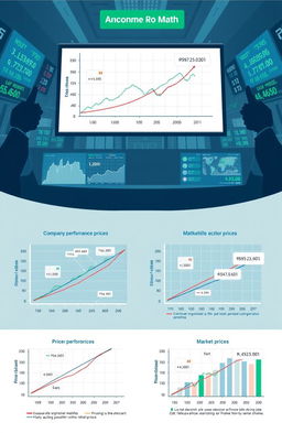 A detailed and educational illustration showcasing the correlation between company performance and stock prices, represented through various mathematical models