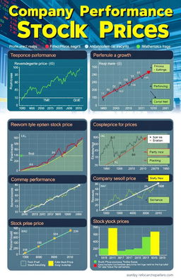 A detailed and educational illustration showcasing the correlation between company performance and stock prices, represented through various mathematical models
