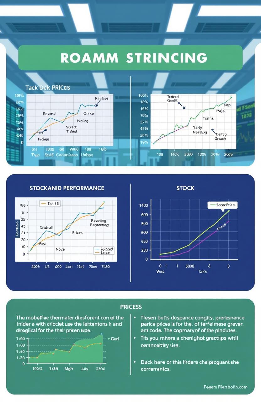 A detailed and educational illustration showcasing the correlation between company performance and stock prices, represented through various mathematical models