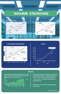 A detailed and educational illustration showcasing the correlation between company performance and stock prices, represented through various mathematical models