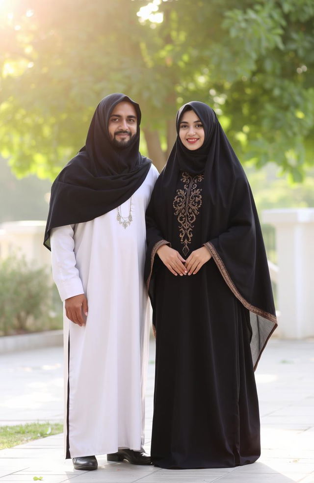 A serene outdoor scene featuring one man and one woman, both fully covered in traditional Islamic attire