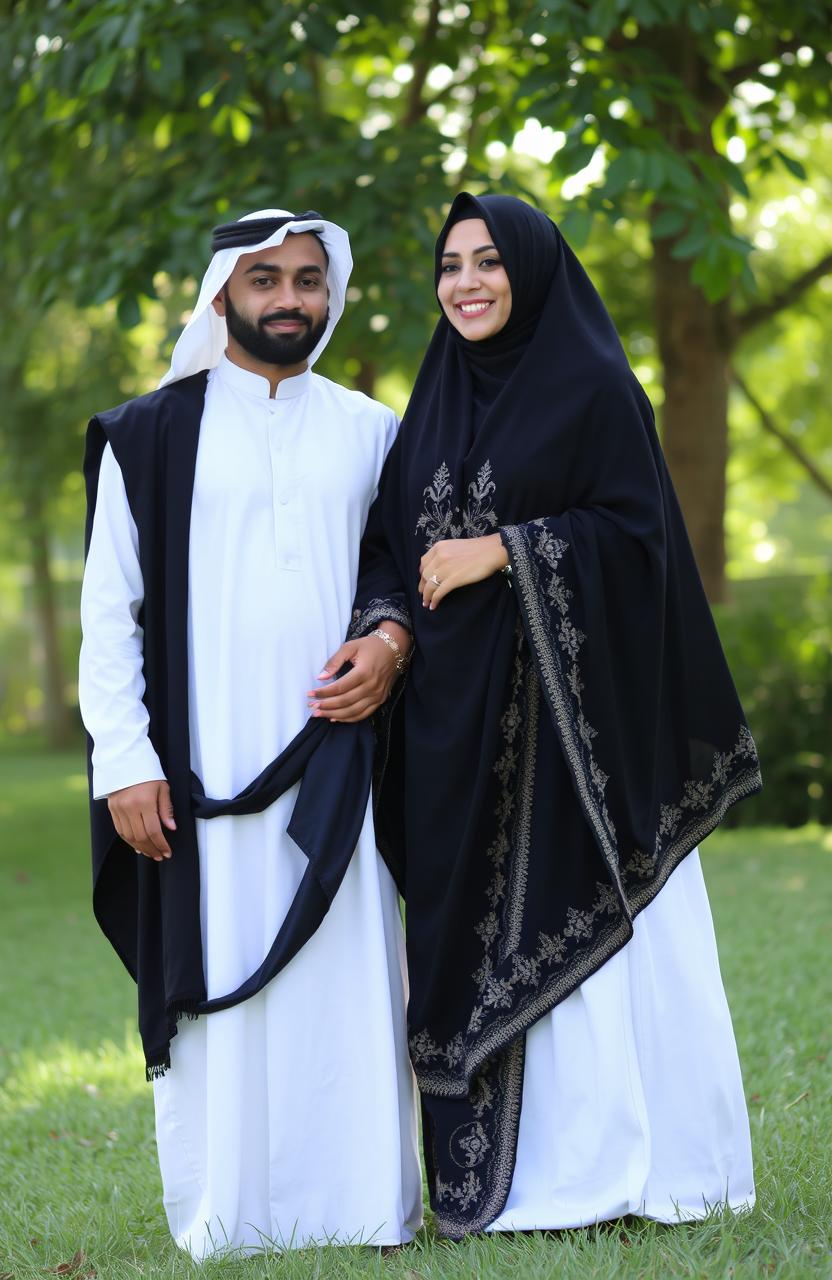 A serene outdoor scene featuring one man and one woman, both fully covered in traditional Islamic attire