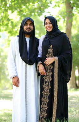A serene outdoor scene featuring one man and one woman, both fully covered in traditional Islamic attire