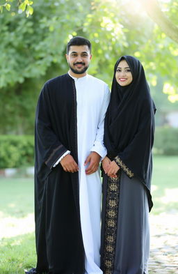 A serene outdoor scene featuring one man and one woman, both fully covered in traditional Islamic attire
