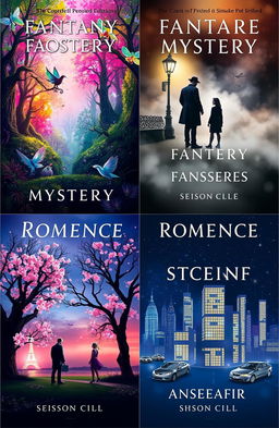 A visually engaging series of book covers, each representing a different genre: fantasy, mystery, romance, and science fiction