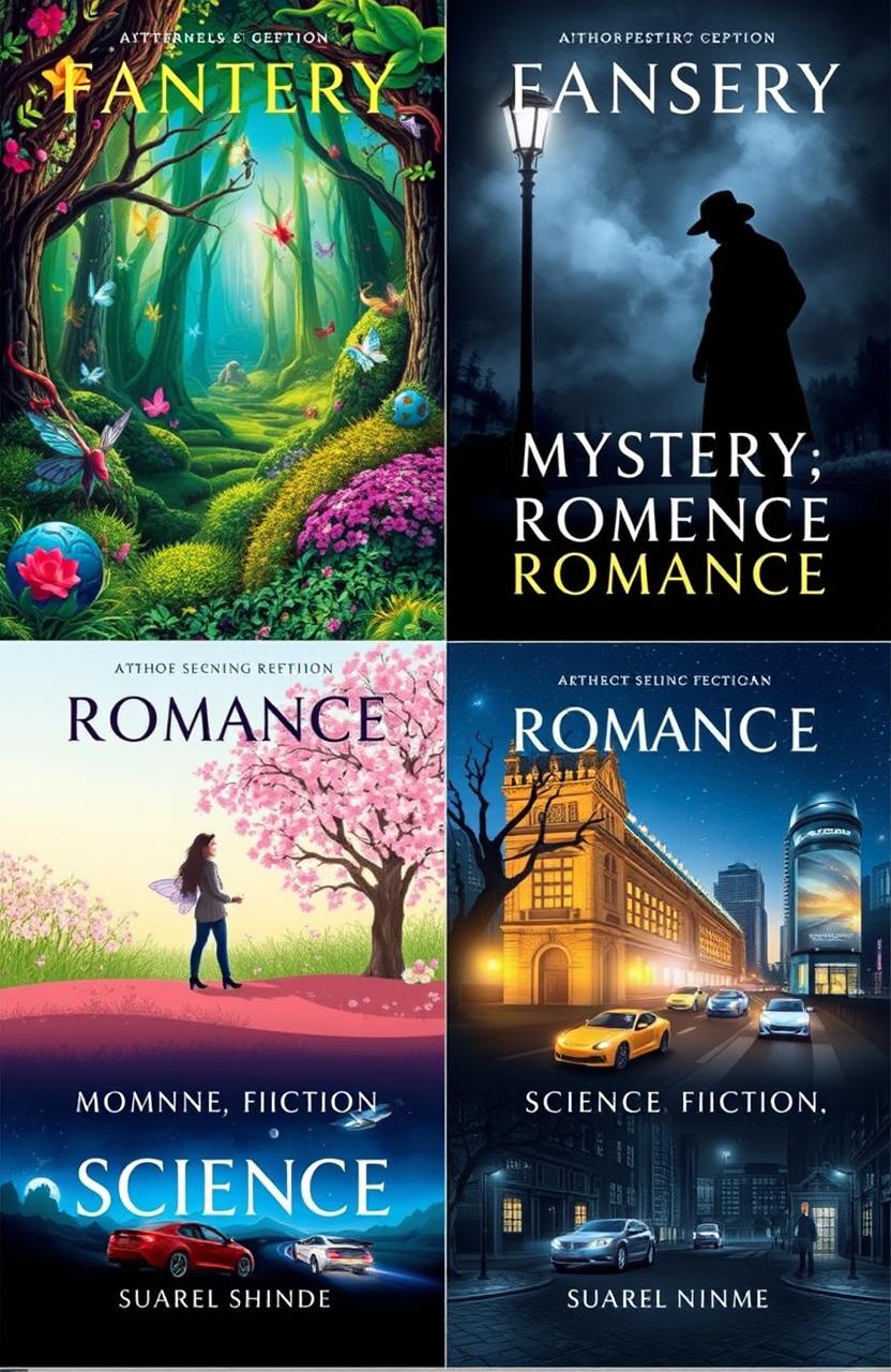 A visually engaging series of book covers, each representing a different genre: fantasy, mystery, romance, and science fiction