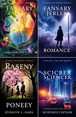 A visually engaging series of book covers, each representing a different genre: fantasy, mystery, romance, and science fiction