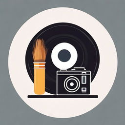 An attractive icon featuring a paintbrush, a vinyl record and a vintage camera in a stylish and balanced composition.