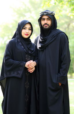 A scene featuring a fully covered man and woman in traditional Islamic attire