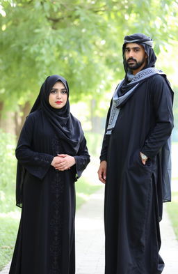 A scene featuring a fully covered man and woman in traditional Islamic attire