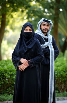 A scene featuring a fully covered man and woman in traditional Islamic attire