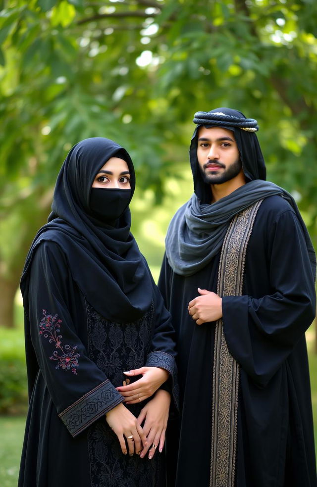 A scene featuring a fully covered man and woman in traditional Islamic attire