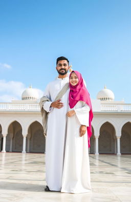 A man in traditional Islamic dress standing proudly next to a cartoon character woman, both fully covered in modest attire