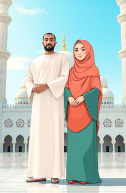 A man in traditional Islamic dress standing proudly next to a cartoon character woman, both fully covered in modest attire