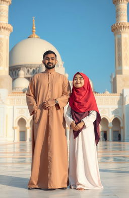 A man in traditional Islamic dress standing proudly next to a cartoon character woman, both fully covered in modest attire