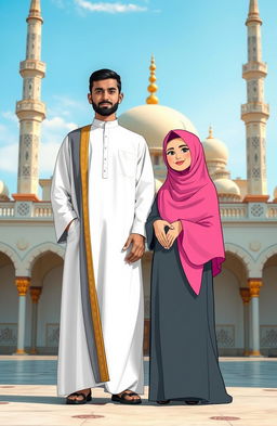 A man in traditional Islamic dress standing proudly next to a cartoon character woman, both fully covered in modest attire