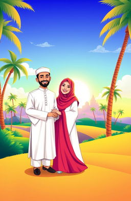 A colorful, cartoon-style illustration featuring a Muslim man and woman standing together