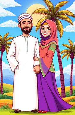 A colorful, cartoon-style illustration featuring a Muslim man and woman standing together