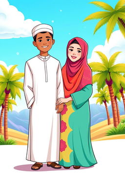 A colorful, cartoon-style illustration featuring a Muslim man and woman standing together