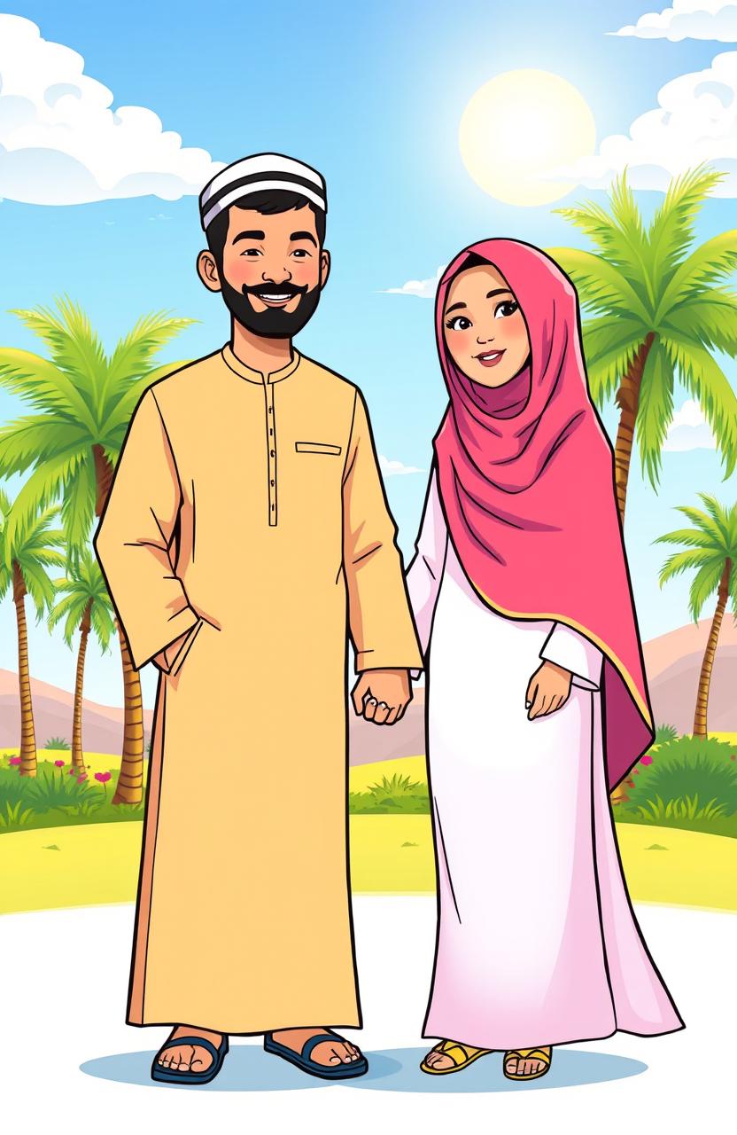 A colorful, cartoon-style illustration featuring a Muslim man and woman standing together