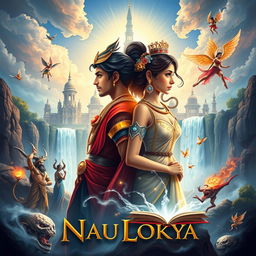An imaginative A4 book cover design for 'NauLokya' that captures a magical realm of wonder and beauty