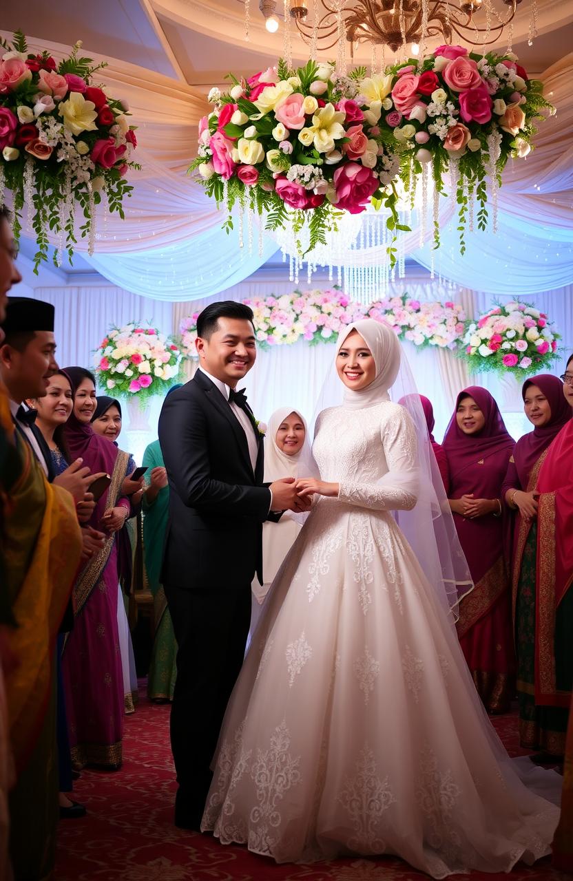 A beautiful and vibrant scene depicting a traditional Muslim wedding ceremony