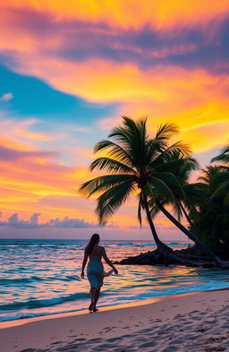 A stunning tropical beach scene at sunset, with golden sand and crystal clear turquoise waters