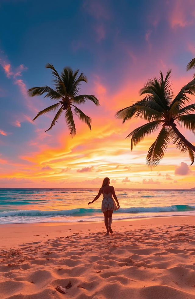 A stunning tropical beach scene at sunset, with golden sand and crystal clear turquoise waters