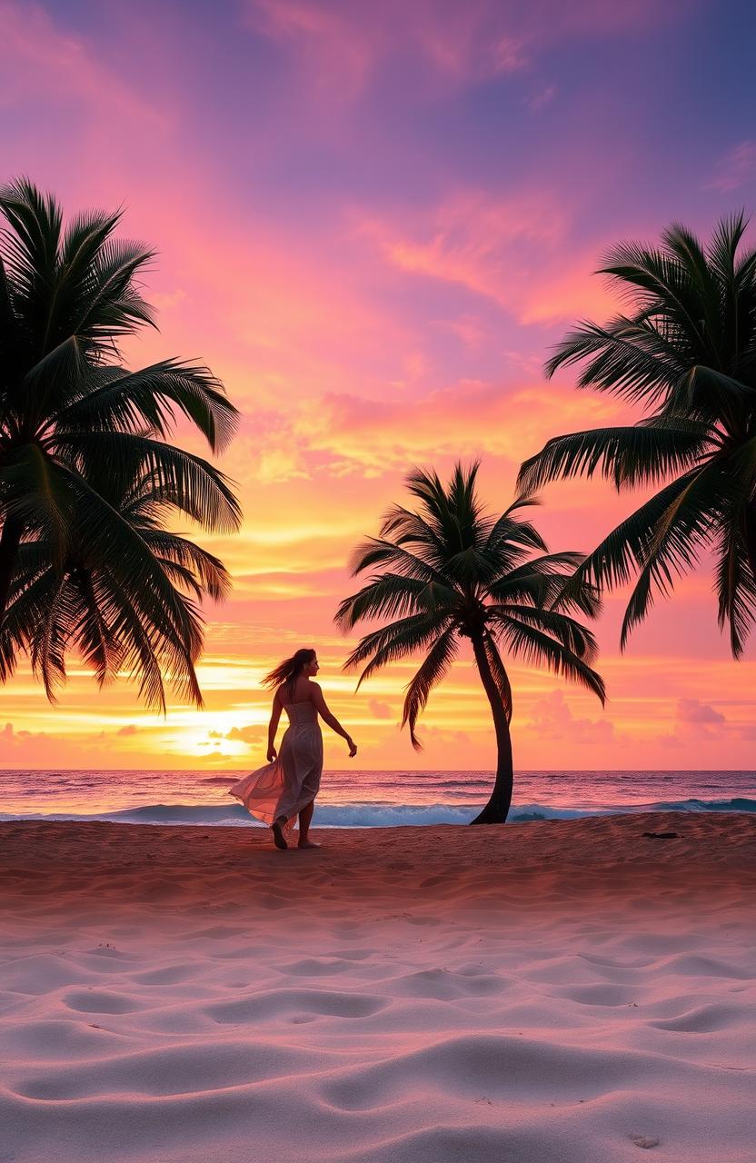 A stunning tropical beach scene at sunset, with golden sand and crystal clear turquoise waters