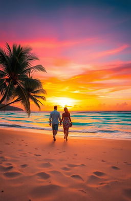 A stunning tropical beach scene at sunset, with golden sand and crystal clear turquoise waters