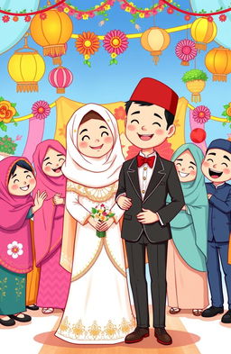 A cheerful and vibrant cartoon illustration depicting a joyful Muslim wedding celebration