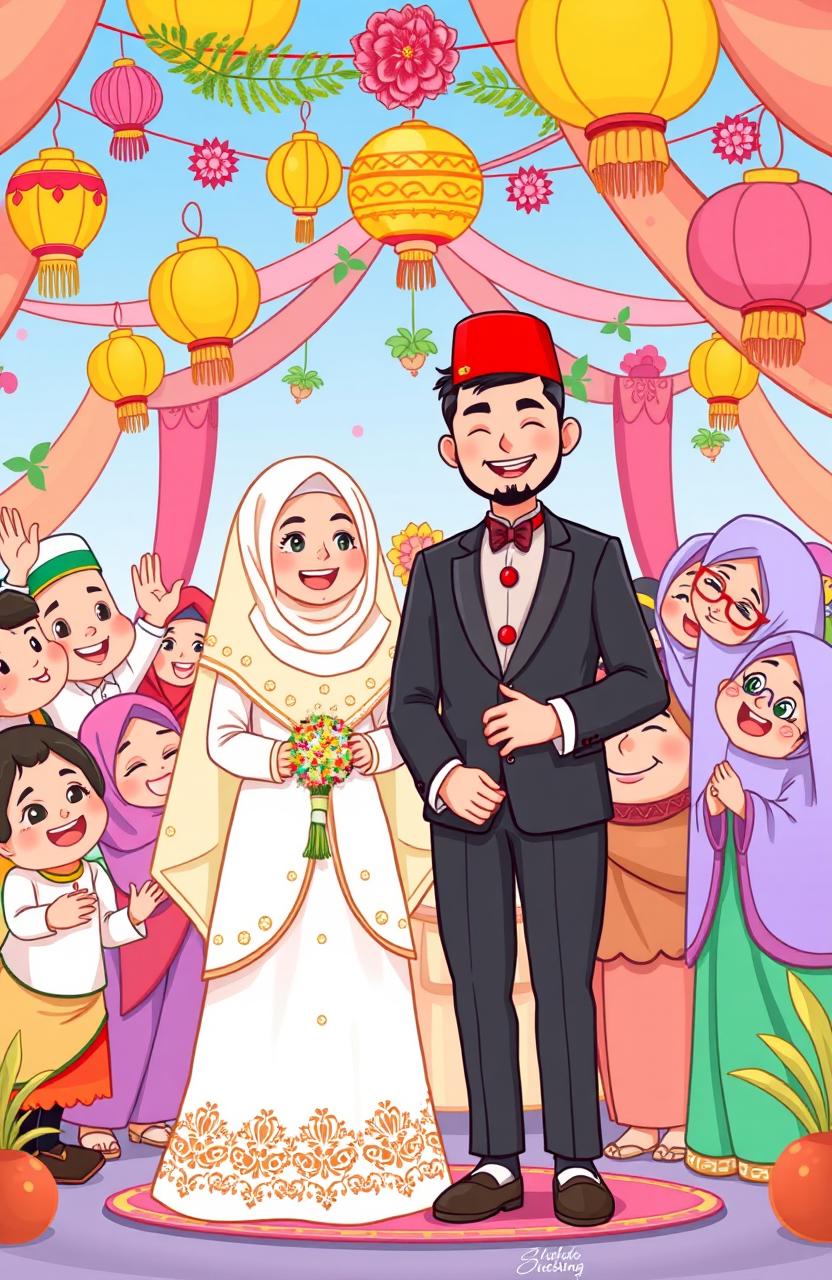 A cheerful and vibrant cartoon illustration depicting a joyful Muslim wedding celebration