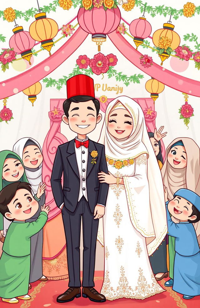 A cheerful and vibrant cartoon illustration depicting a joyful Muslim wedding celebration