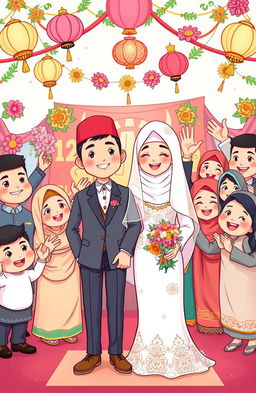 A cheerful and vibrant cartoon illustration depicting a joyful Muslim wedding celebration