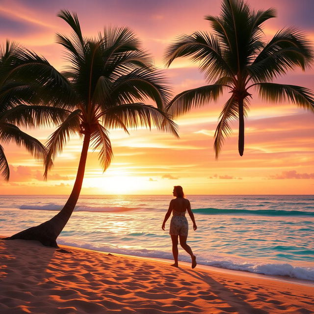 A stunning tropical beach scene at sunset, with golden sand and crystal clear turquoise waters