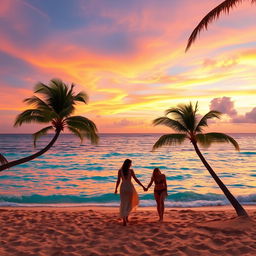 A stunning tropical beach scene at sunset, with golden sand and crystal clear turquoise waters